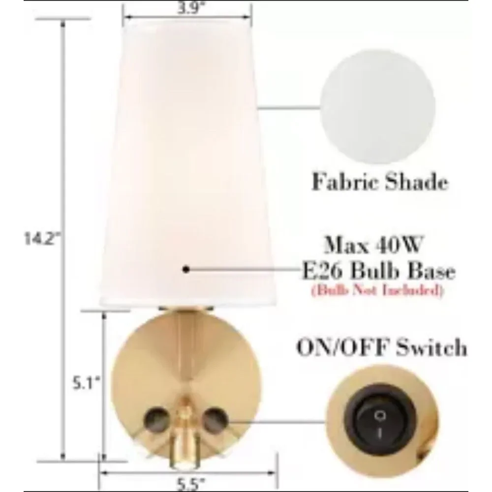 Gold Wall Sconces Set of Two Modern Brass Wall Lamp with Fabric Shade, USB Sconc